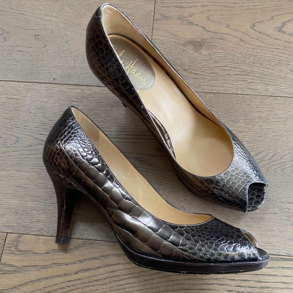 Cole Haan Margo Bronze Croc Peep Toe Heels